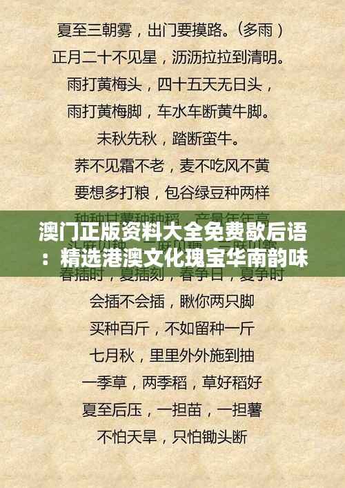 澳门正版资料大全免费歇后语：精选港澳文化瑰宝华南韵味领略