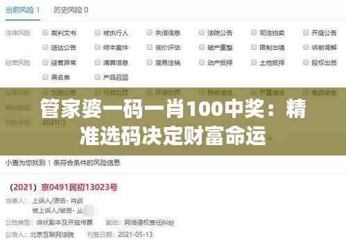 管家婆一码一肖100中奖:精准选码决定财富命运