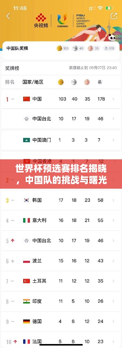 世界杯预选赛排名揭晓，中国队的挑战与曙光