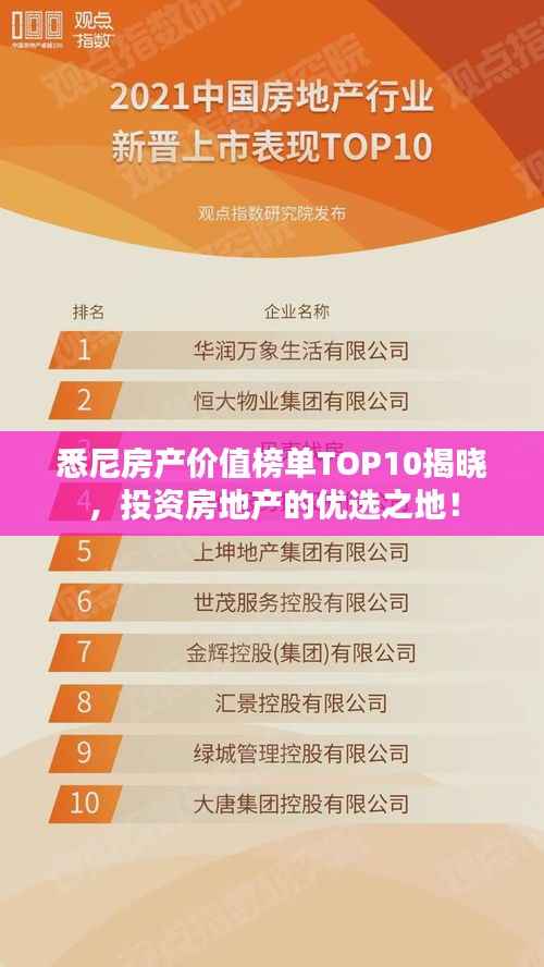 悉尼房产价值榜单TOP10揭晓,投资房地产的优选之地!